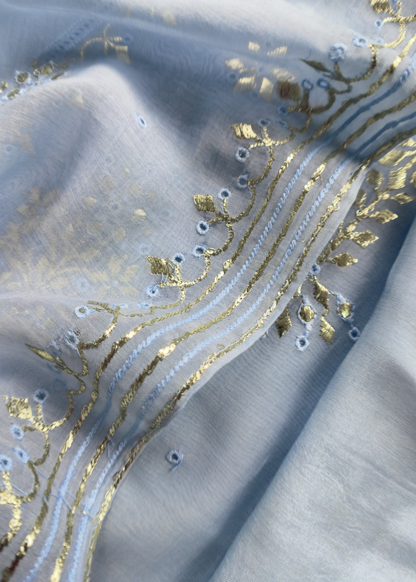 Powder Blue Handloom Mul Chanderi Suit With Gold Pitta Hand Work And Embroidery