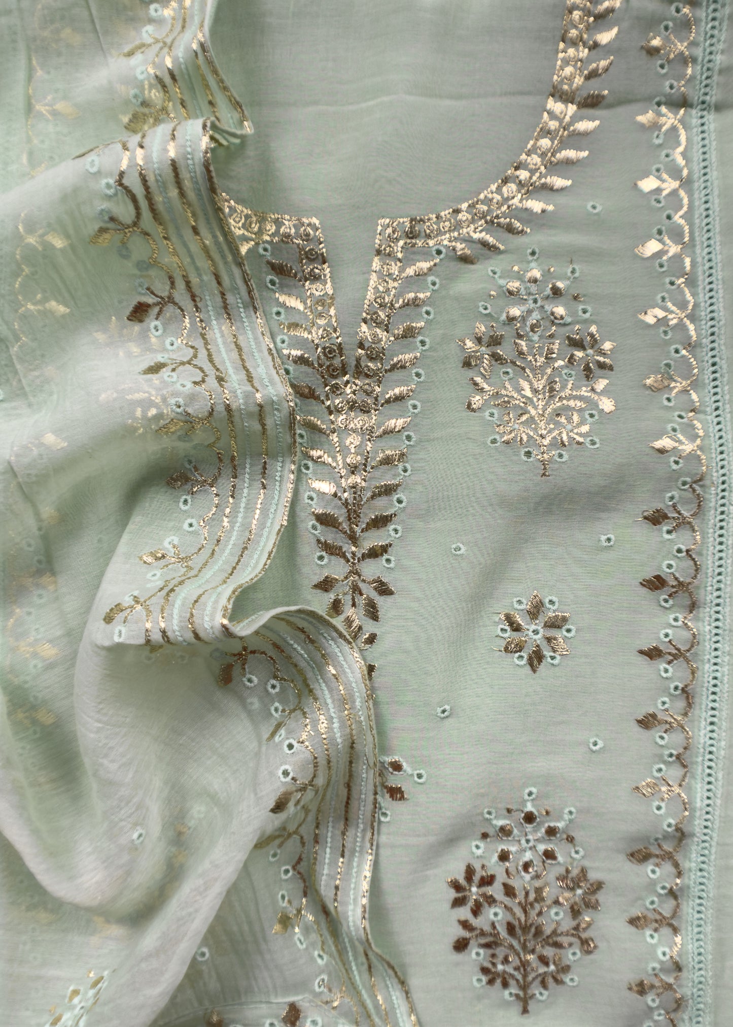 Pastel Green Handloom Mul Chanderi Suit With Gold Pitta Hand Work And Embroidery