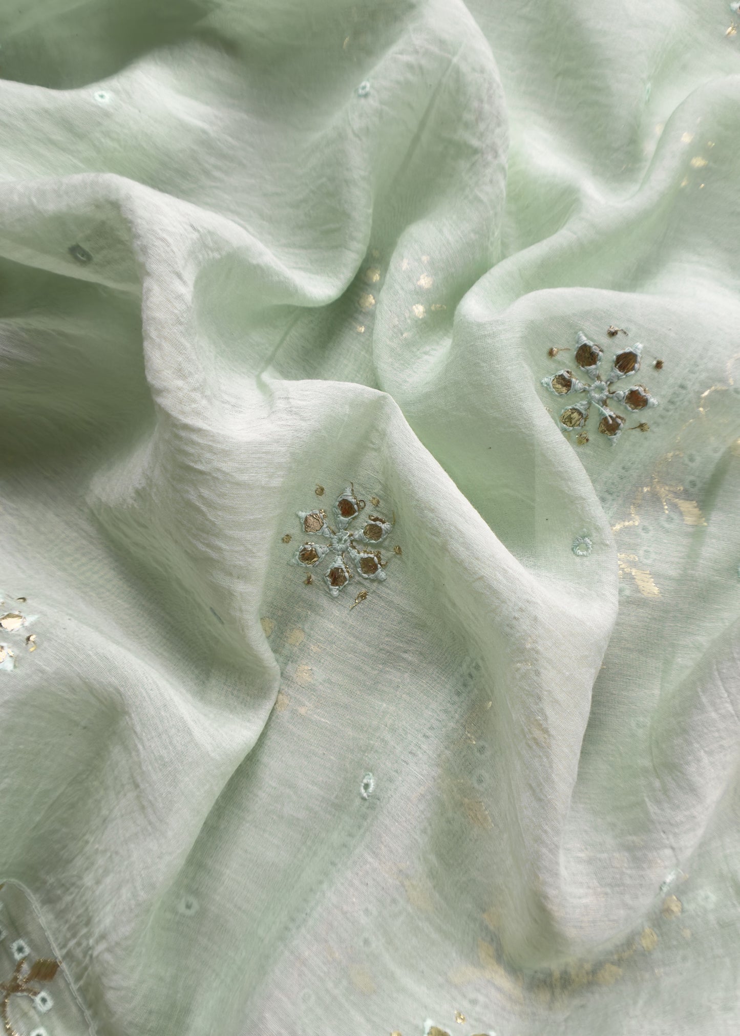 Pastel Green Handloom Mul Chanderi Suit With Gold Pitta Hand Work And Embroidery