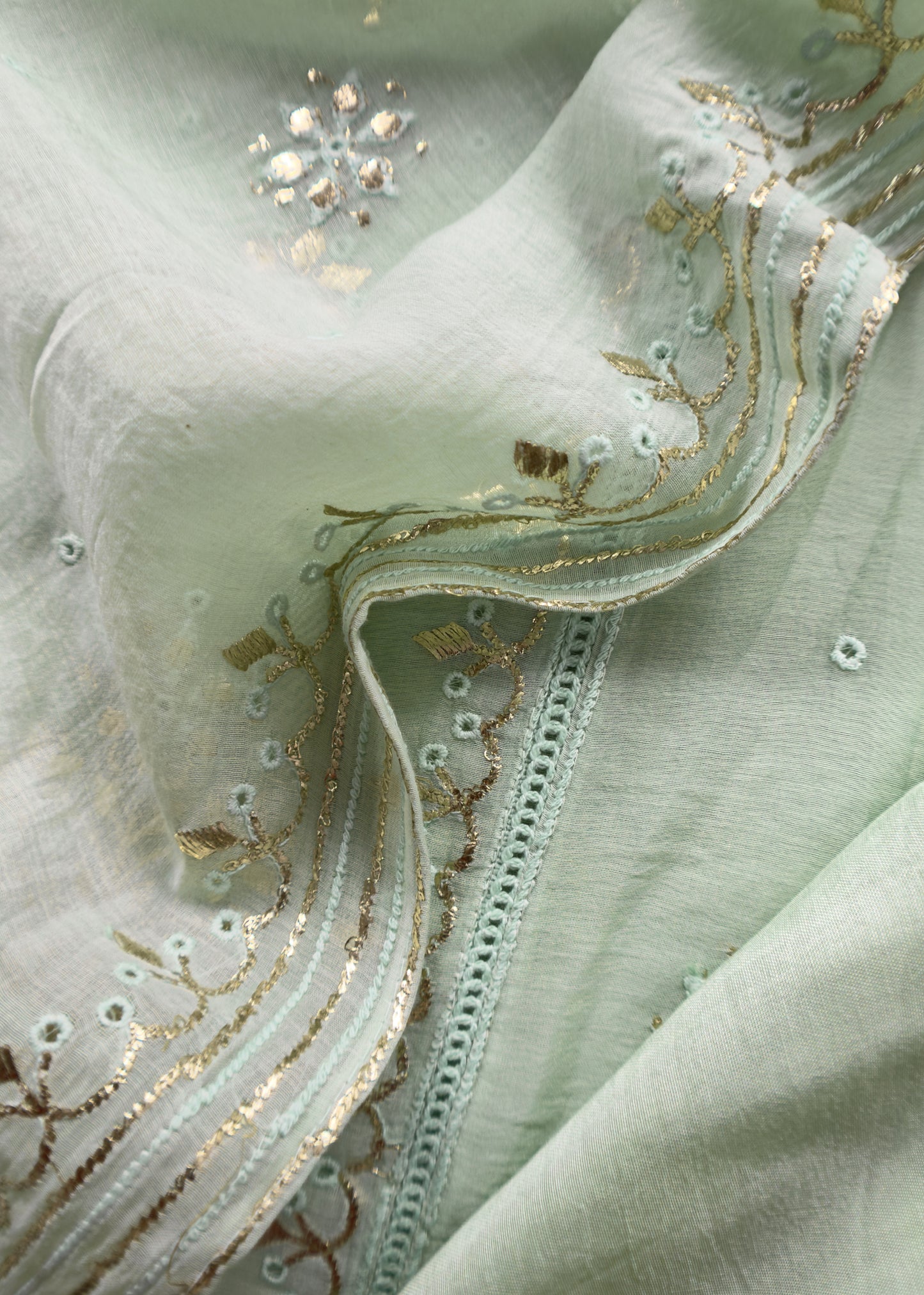 Pastel Green Handloom Mul Chanderi Suit With Gold Pitta Hand Work And Embroidery
