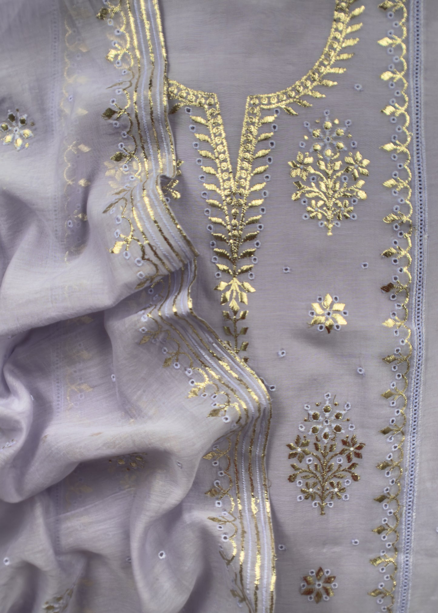 Lavender Handloom Mul Chanderi Suit With Gold Pitta Hand Work And Embroidery
