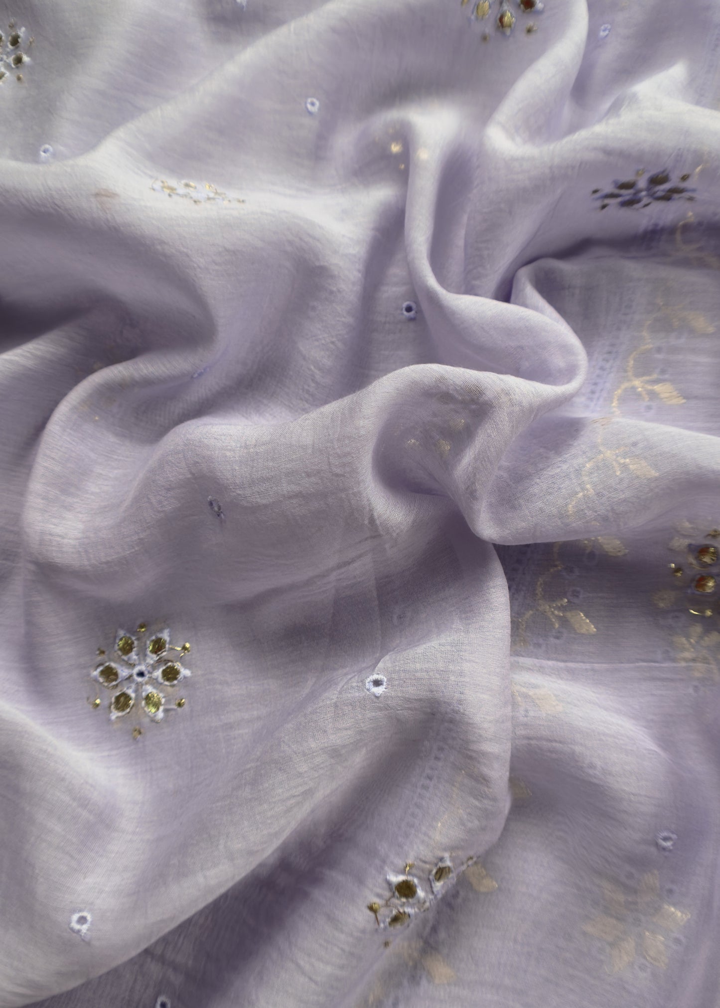 Lavender Handloom Mul Chanderi Suit With Gold Pitta Hand Work And Embroidery