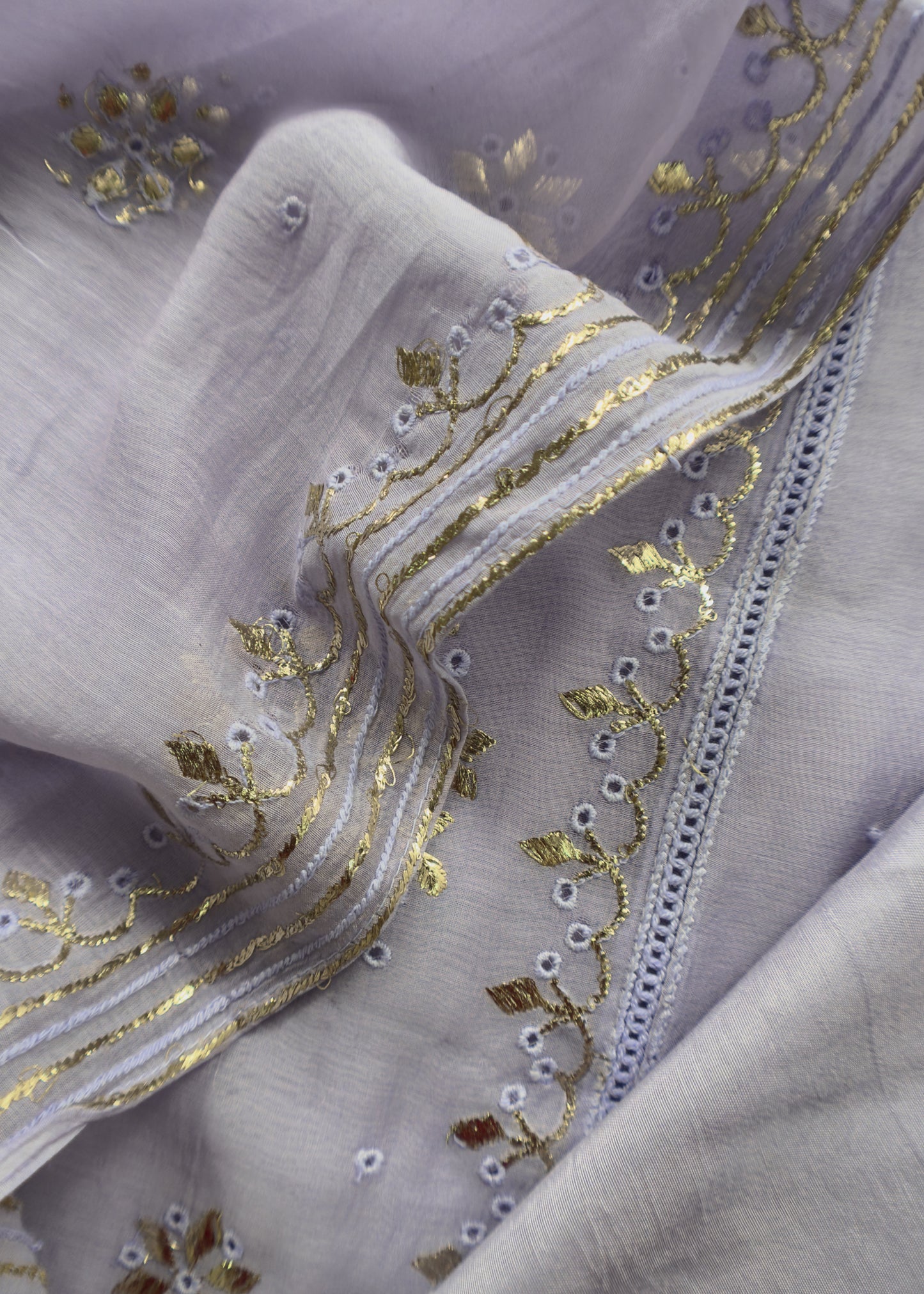 Lavender Handloom Mul Chanderi Suit With Gold Pitta Hand Work And Embroidery