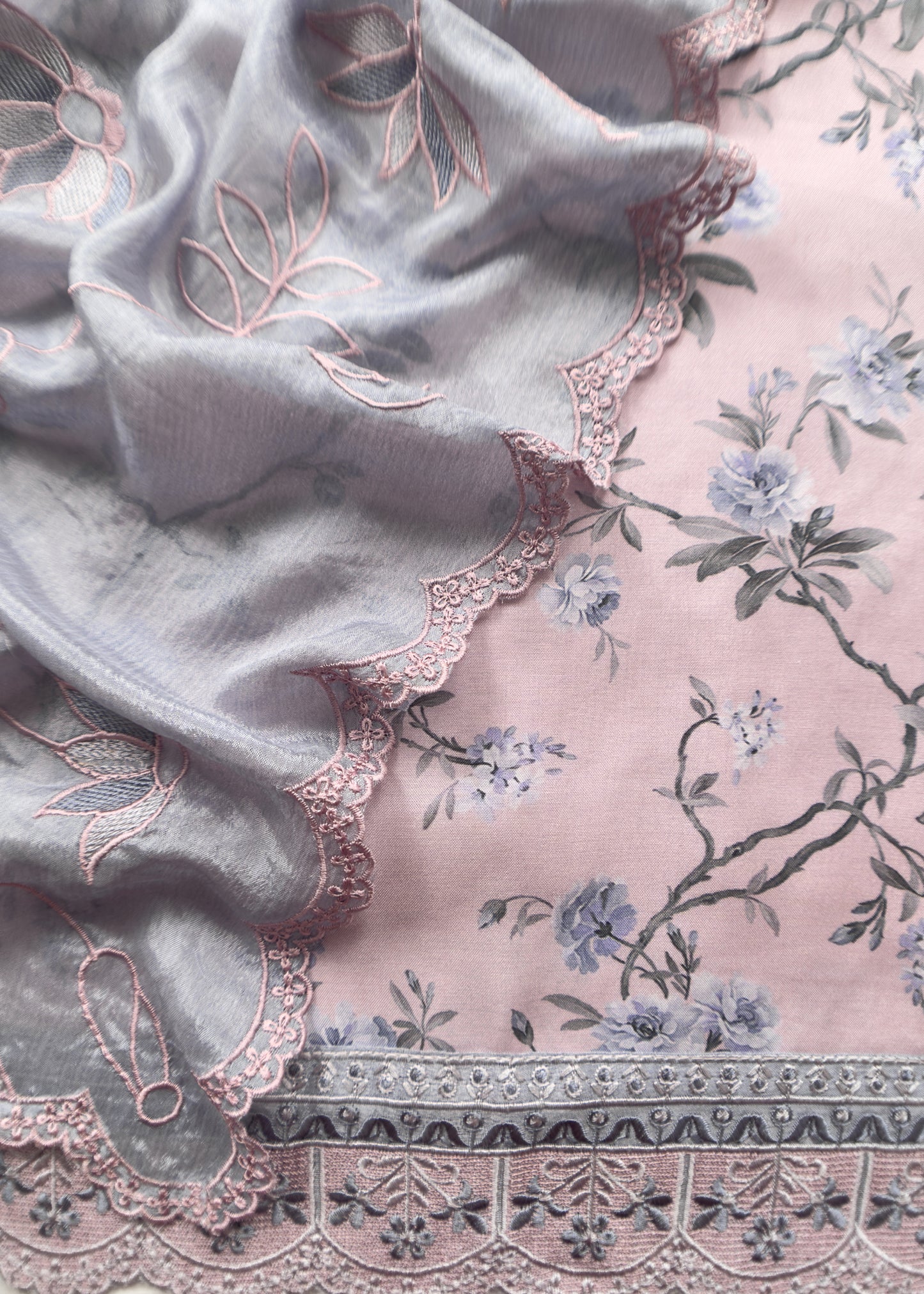 Pink Lavender Pure Crepe Digital Print Suit Fabric With Resham Embroidery And Lace Work