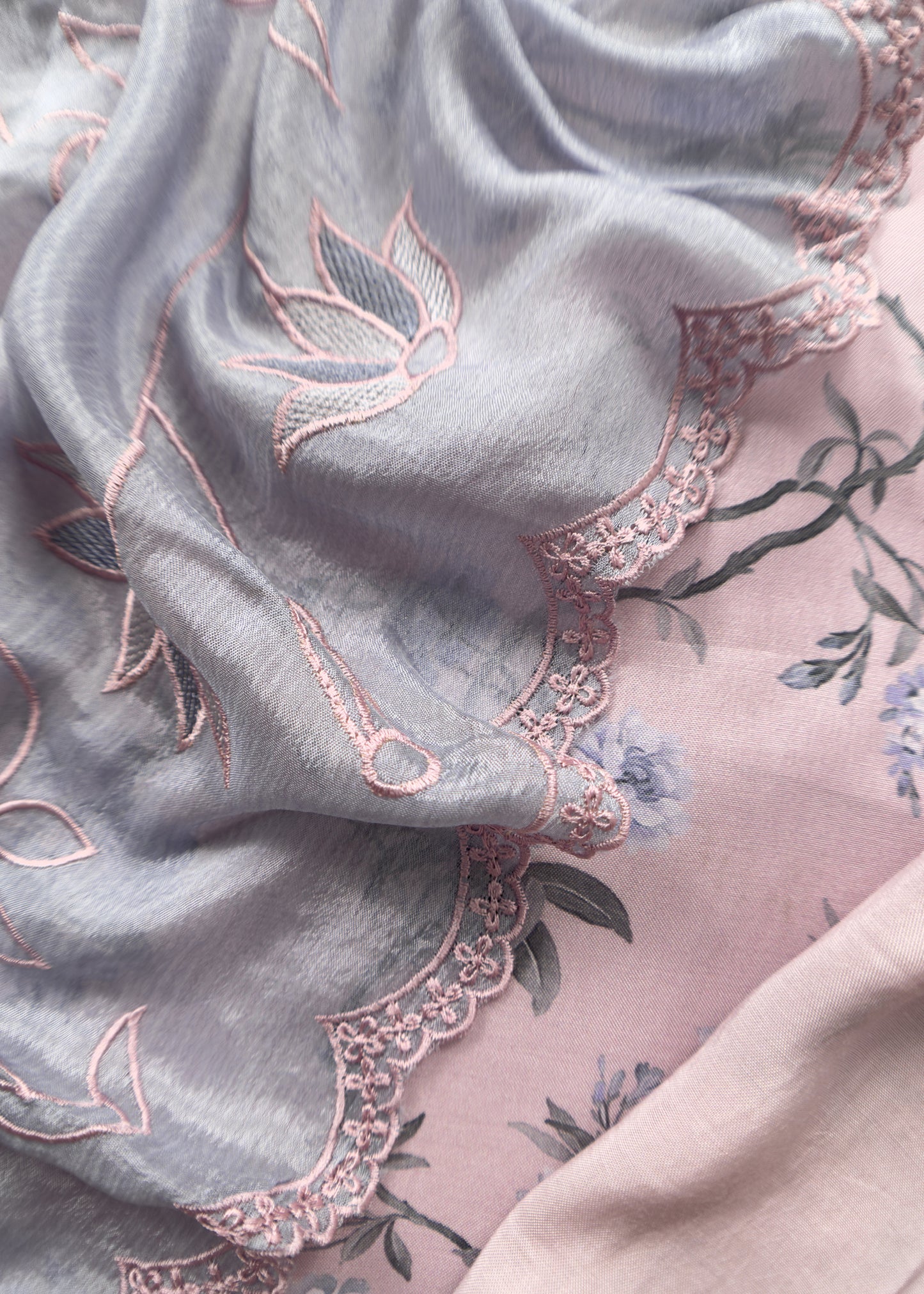 Pink Lavender Pure Crepe Digital Print Suit Fabric With Resham Embroidery And Lace Work