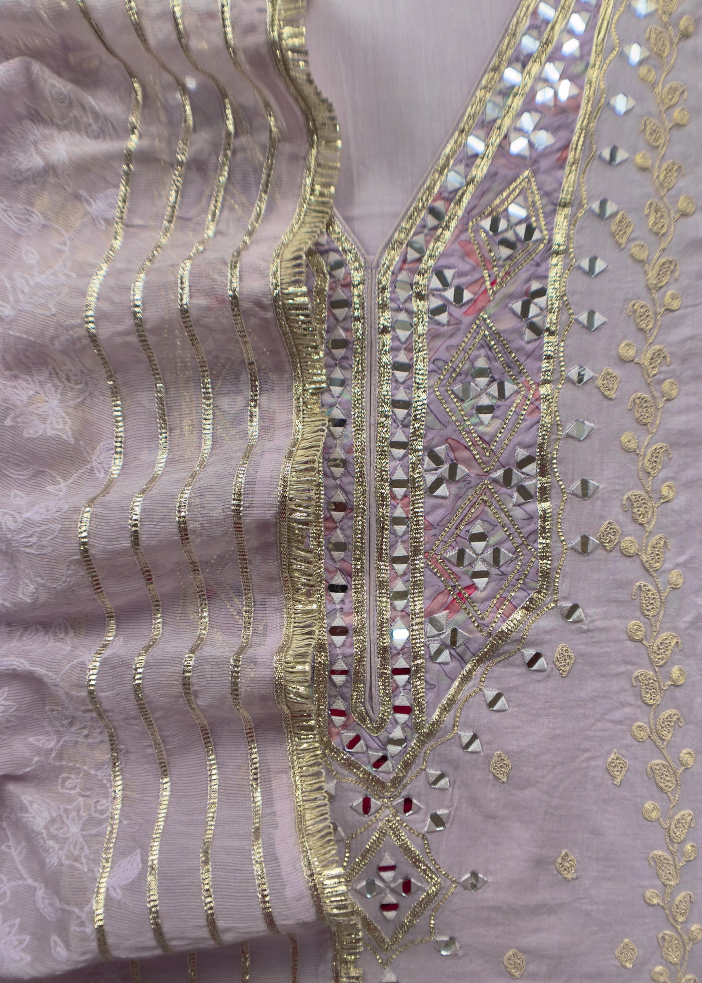 Lilac Pure Cotton Suit With Mirrors, Gota Patti And Dori Embroidery