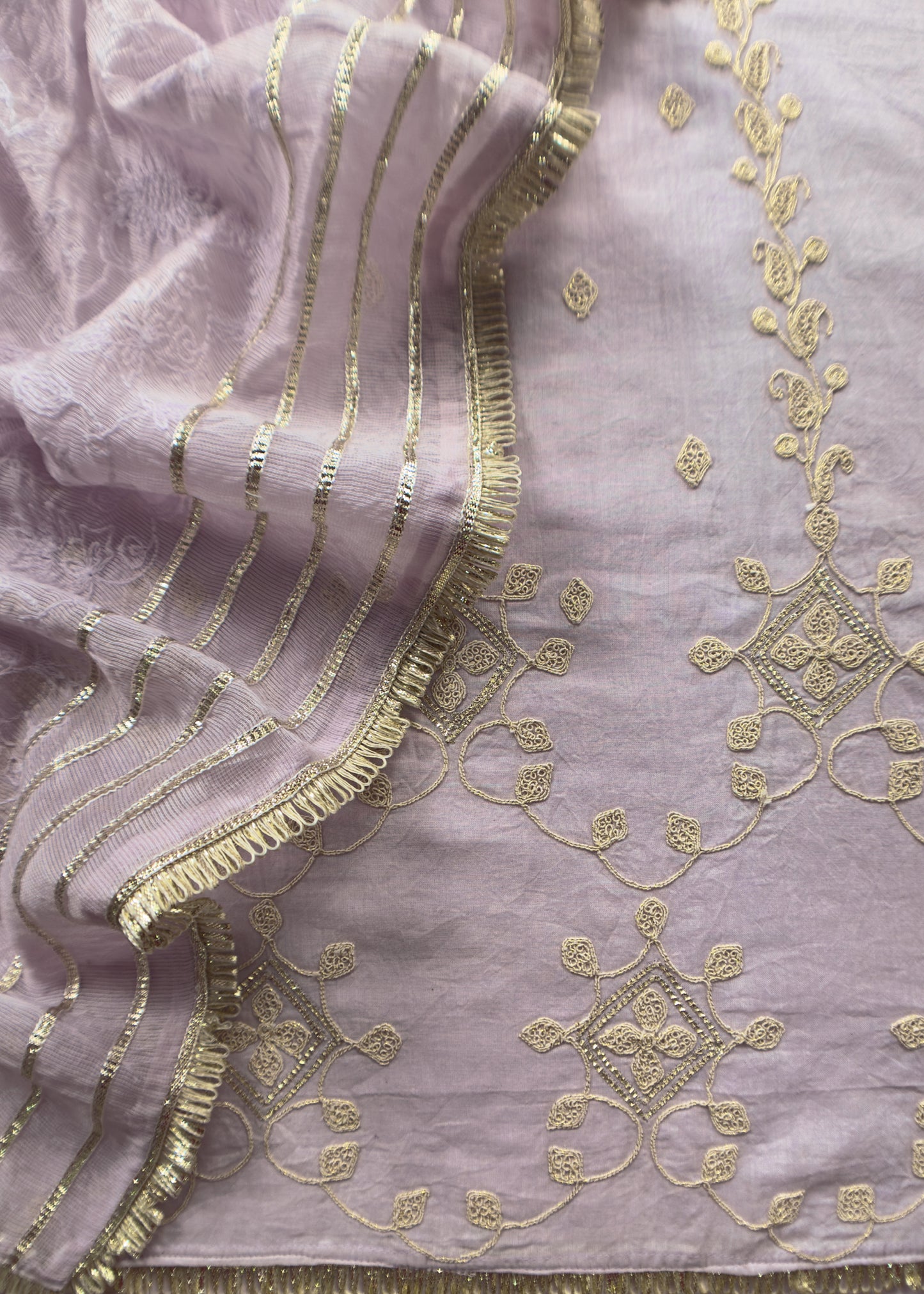 Lilac Pure Cotton Suit With Mirrors, Gota Patti And Dori Embroidery