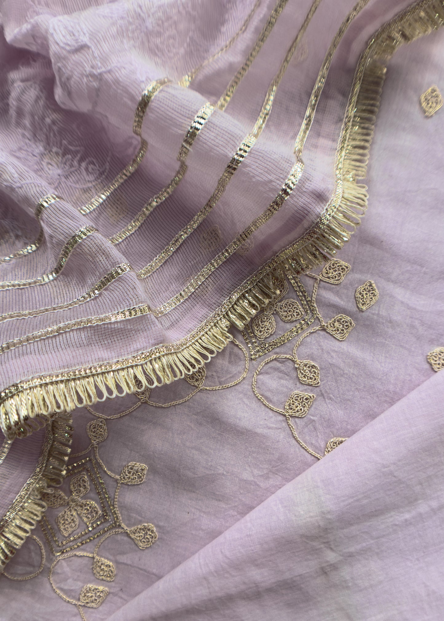 Lilac Pure Cotton Suit With Mirrors, Gota Patti And Dori Embroidery