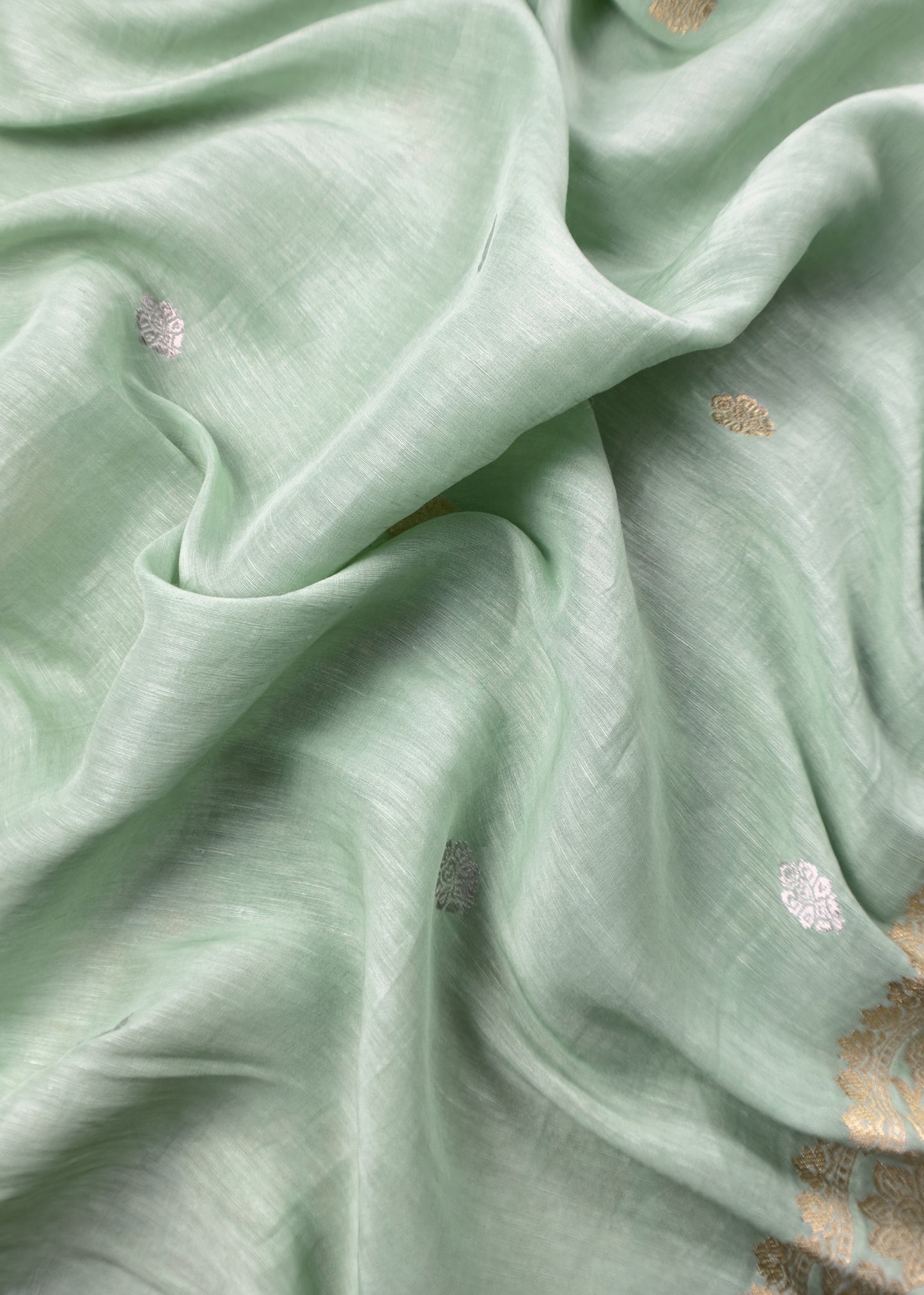 Green Handloom Blue Linen Silk With Kadwa Weaves