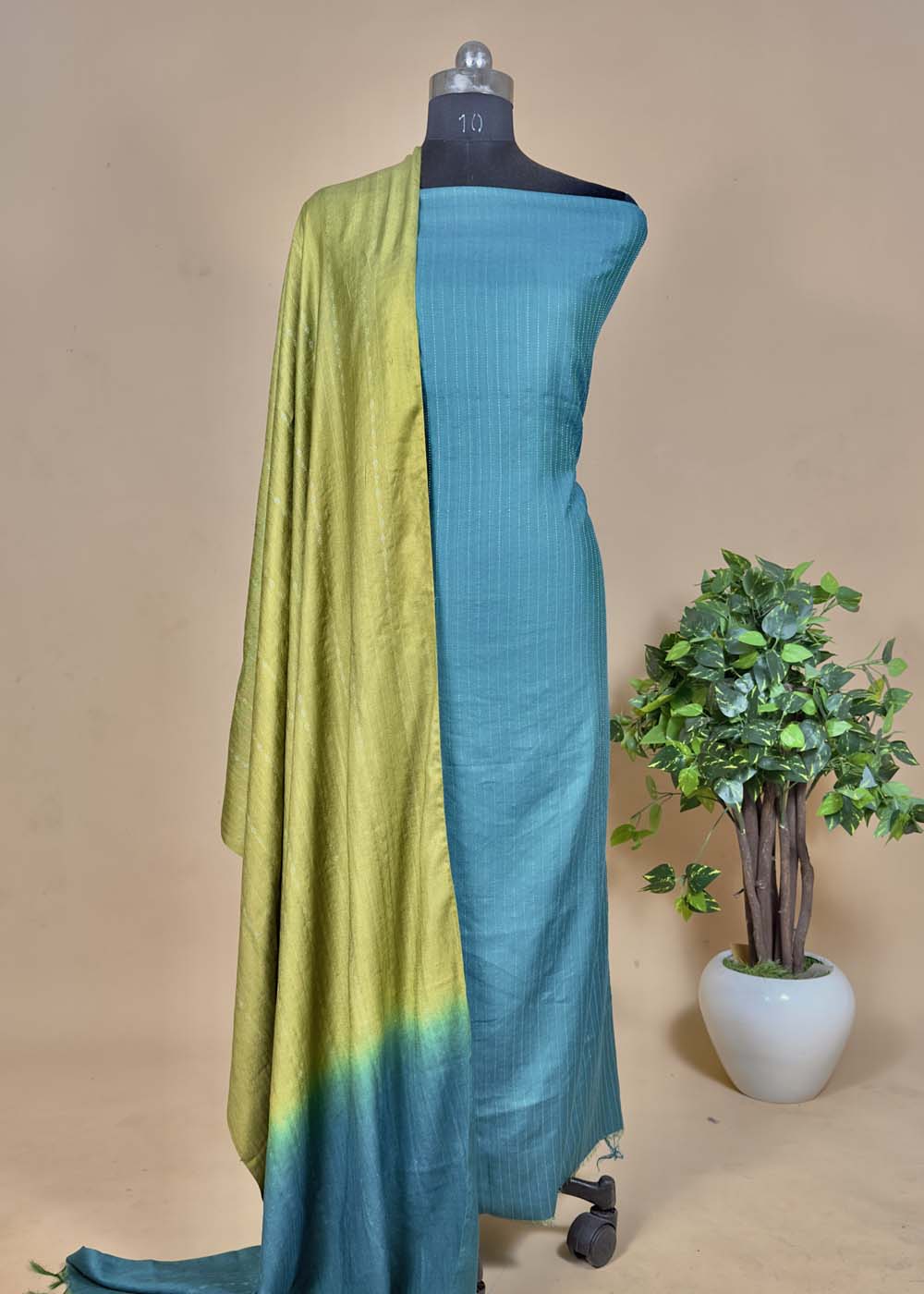Yellow Pashmina Suit With Kantha Stripes