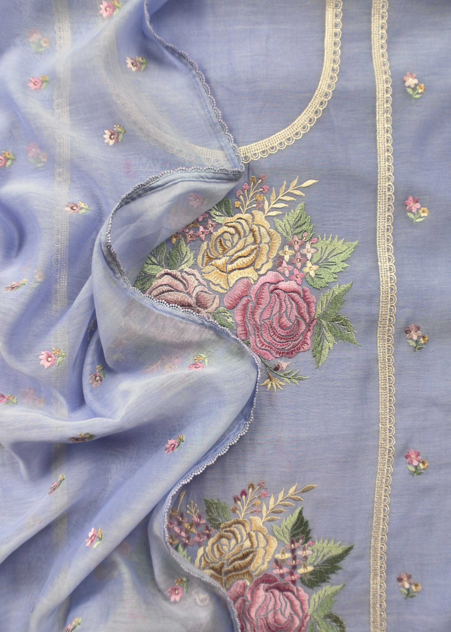 Kalasheel Luxe Flamingo Light Steel Blue Handwoven Mul Suit Fabric With French Roses Embroidery