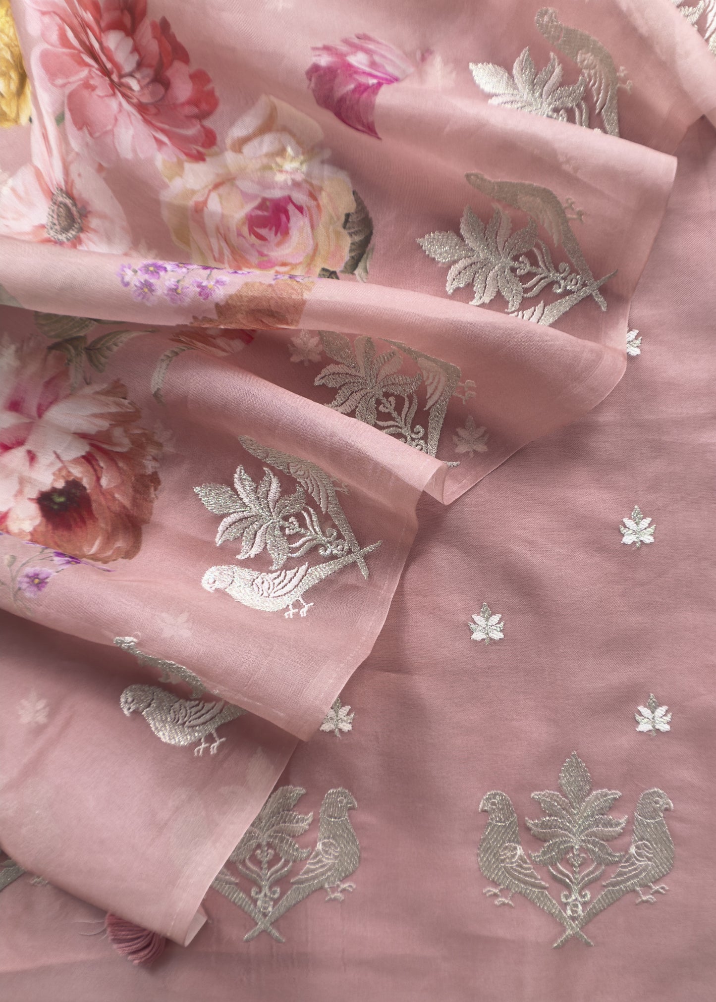 Flamingo Pink Kalasheel Luxe Handwoven Organza kurta And Floral Dupatta With Silver Parrots