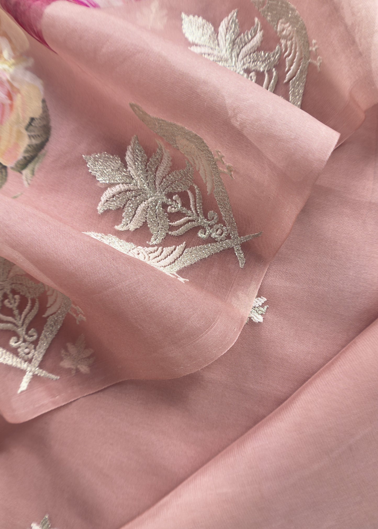 Flamingo Pink Kalasheel Luxe Handwoven Organza kurta And Floral Dupatta With Silver Parrots