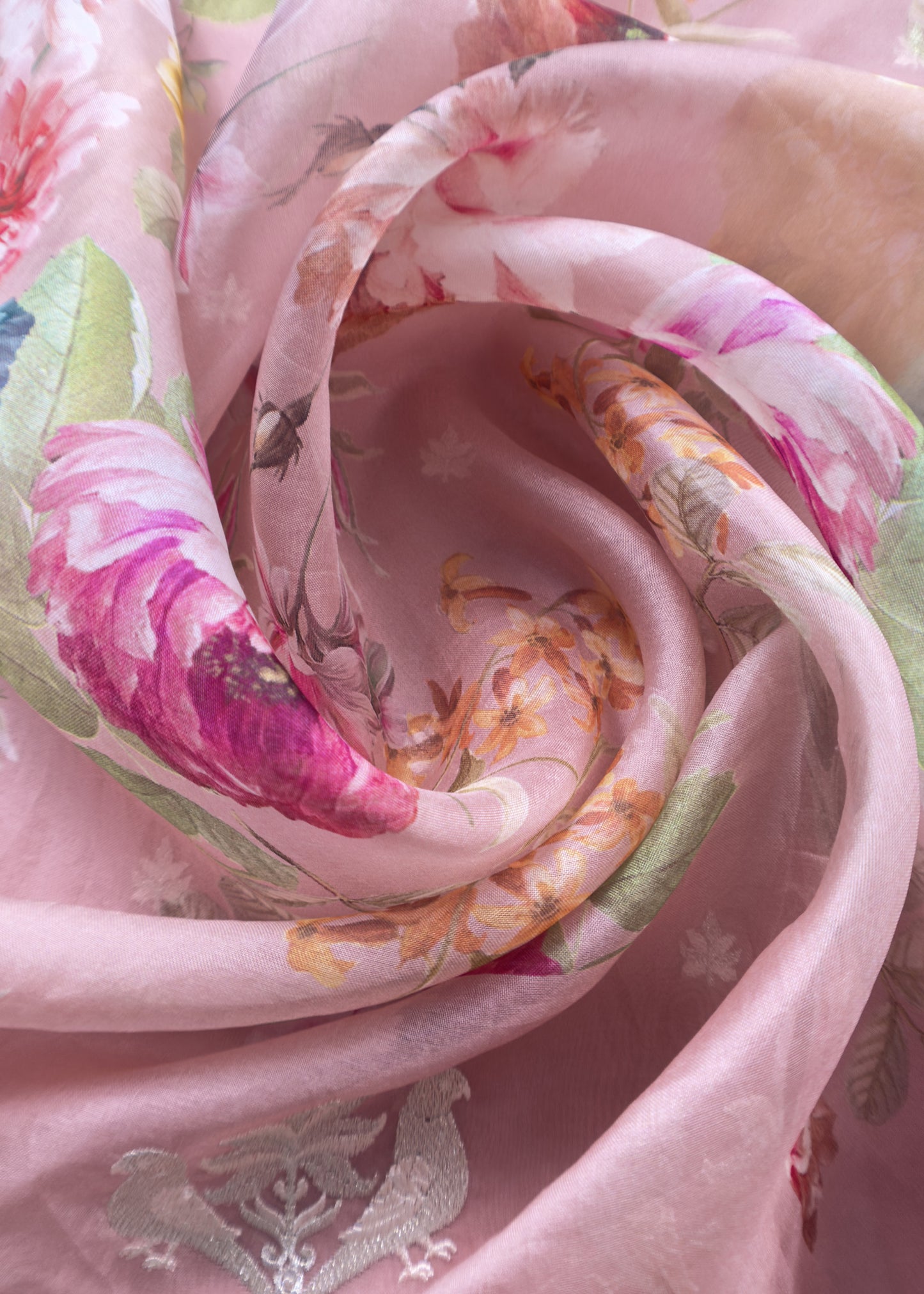 Flamingo Pink Kalasheel Luxe Handwoven Organza kurta And Floral Dupatta With Silver Parrots