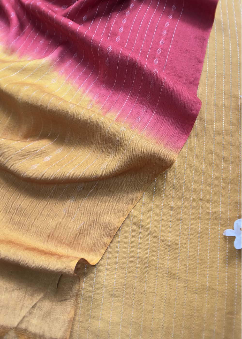 Yellow Pashmina Suit With Kantha Stripes