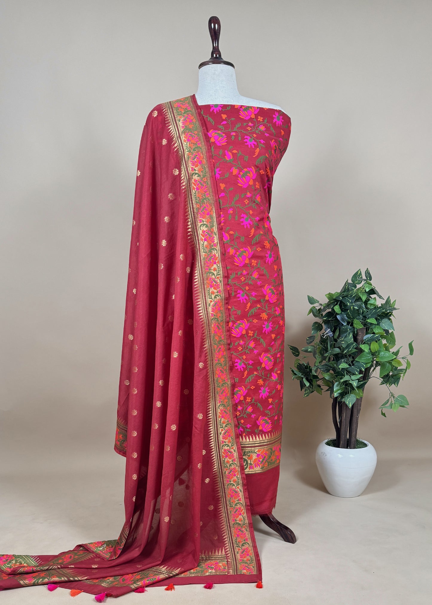 Red Handloom Banarasi Cotton Suit With Paithani Weaving