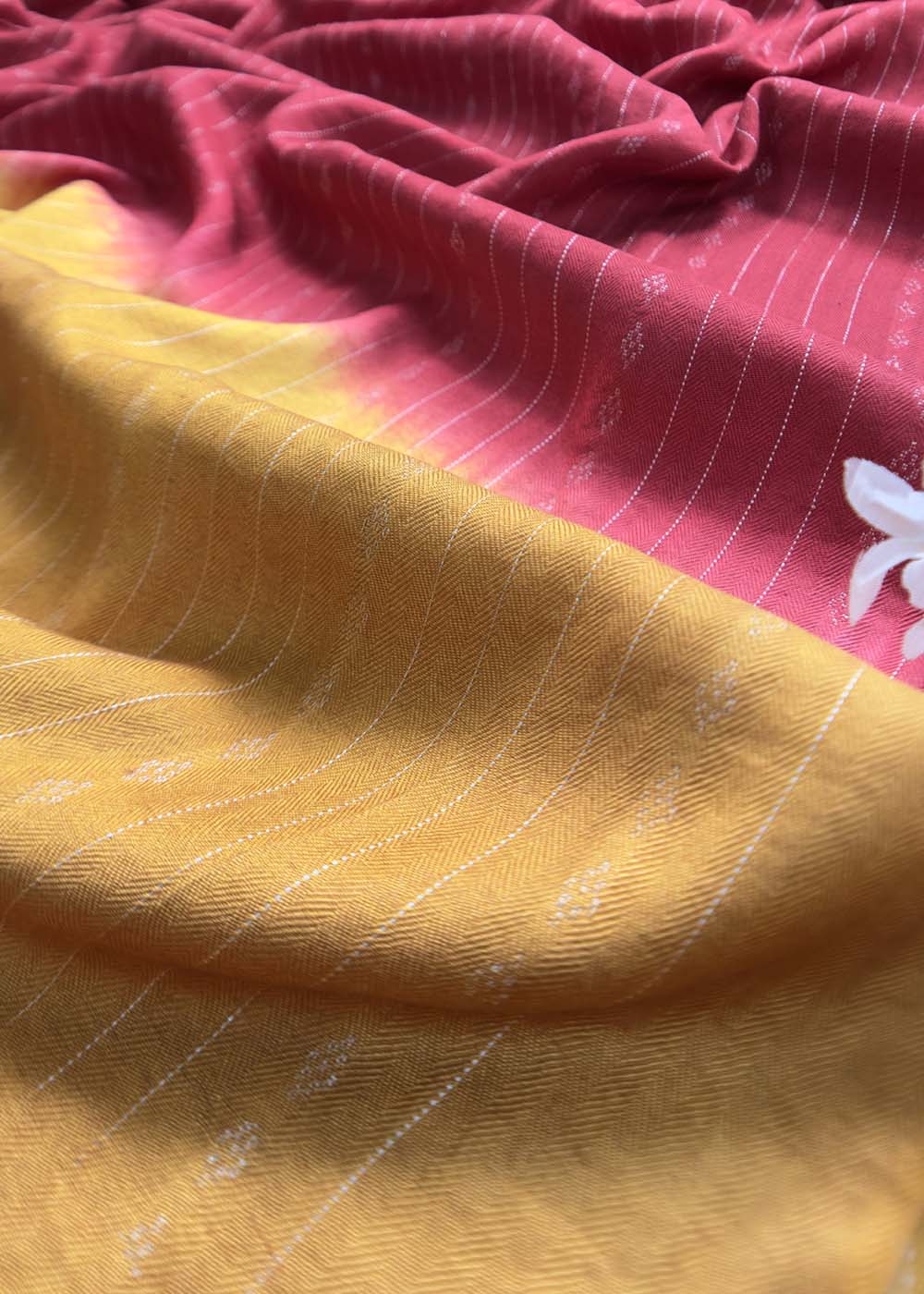 Yellow Pashmina Suit With Kantha Stripes