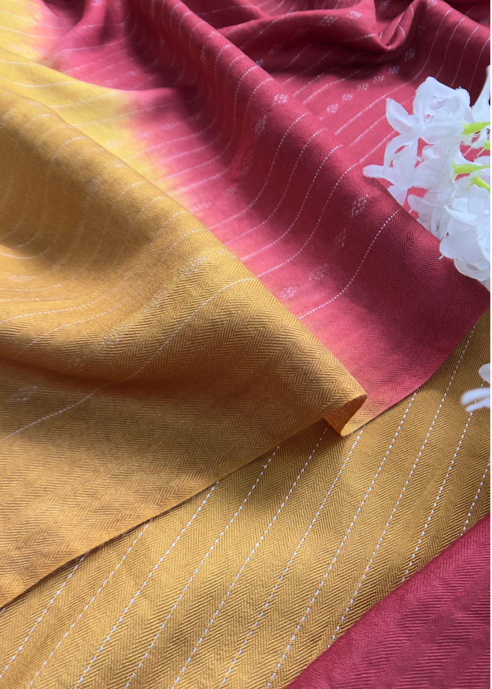 Yellow Pashmina Suit With Kantha Stripes