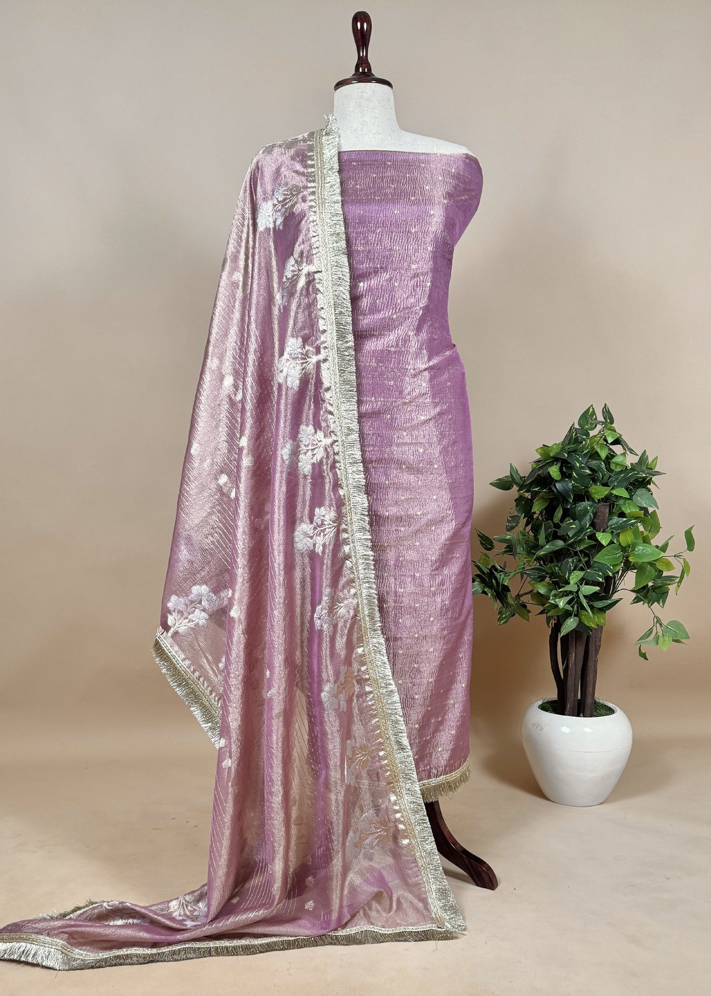 Blue Tissue Silk Suit Embraced With Gold Weaving