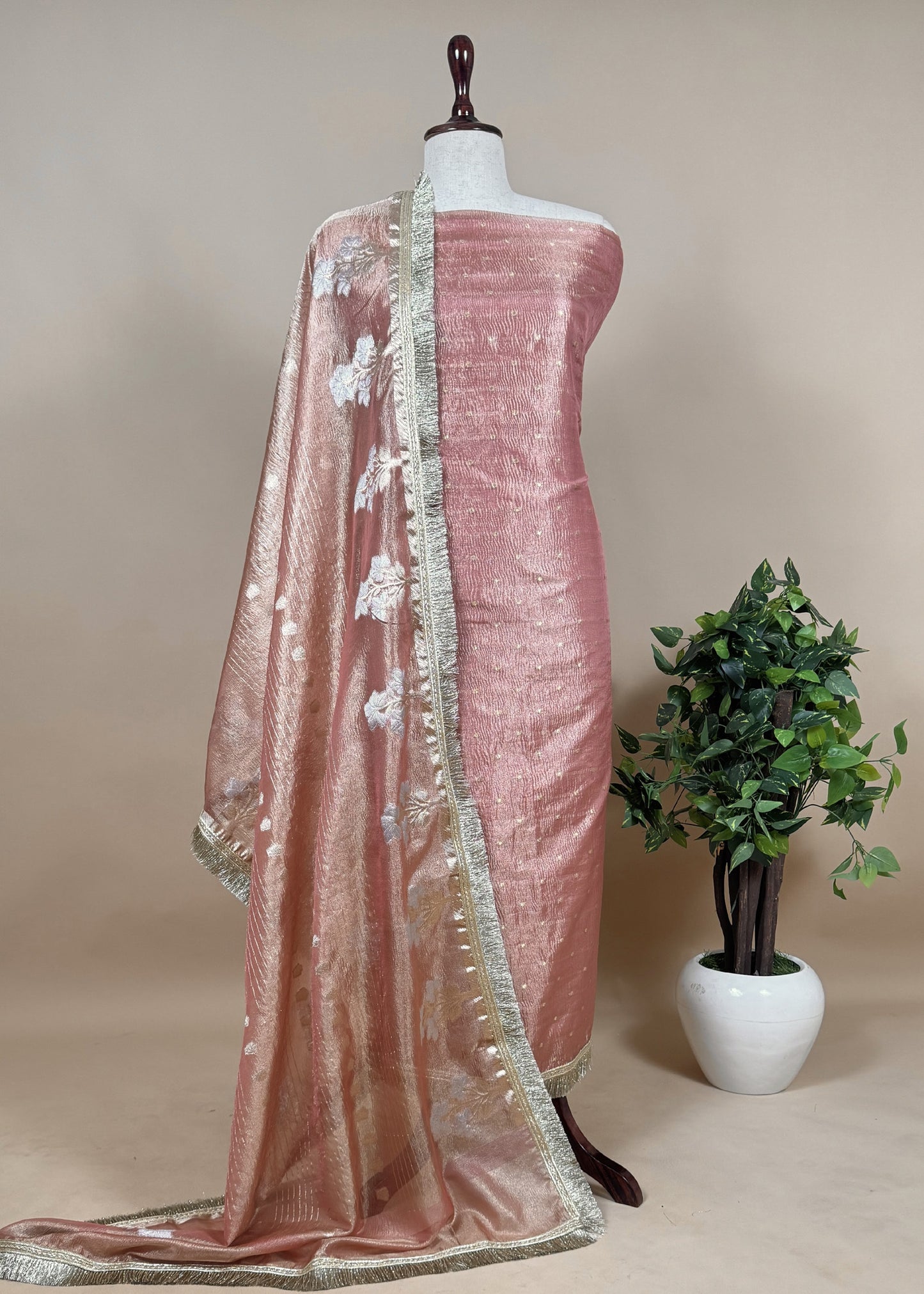 Blue Tissue Silk Suit Embraced With Gold Weaving