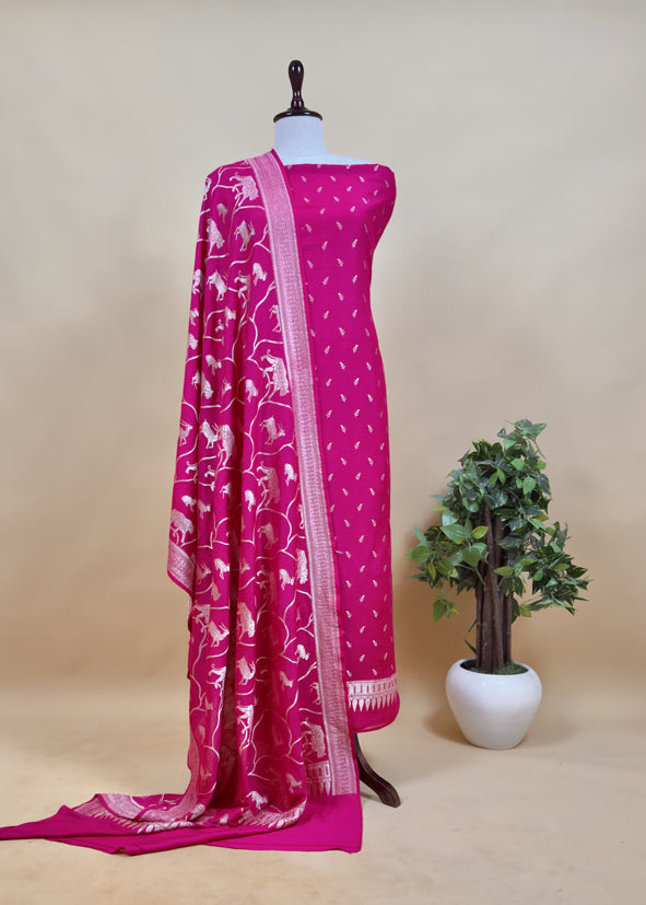 Kalasheel Luxe Royal Pink Handloom Munga Silk Suit With Shikagarh Gold Weaving