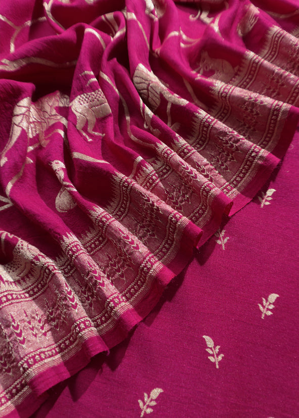 Kalasheel Luxe Royal Pink Handloom Munga Silk Suit With Shikagarh Gold Weaving