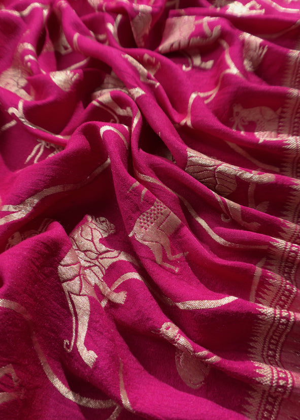 Kalasheel Luxe Royal Pink Handloom Munga Silk Suit With Shikagarh Gold Weaving