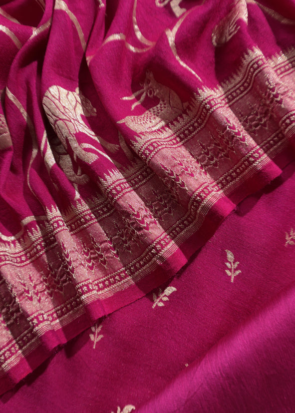 Kalasheel Luxe Royal Pink Handloom Munga Silk Suit With Shikagarh Gold Weaving