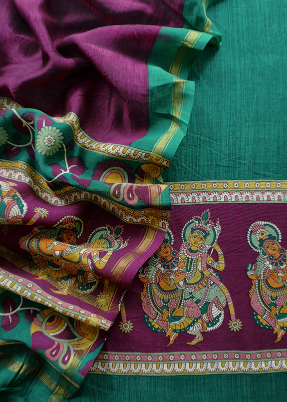 Pine Green Pure Maheshwari Silk Natraj Kalamkari Unstitched Suit Fabric