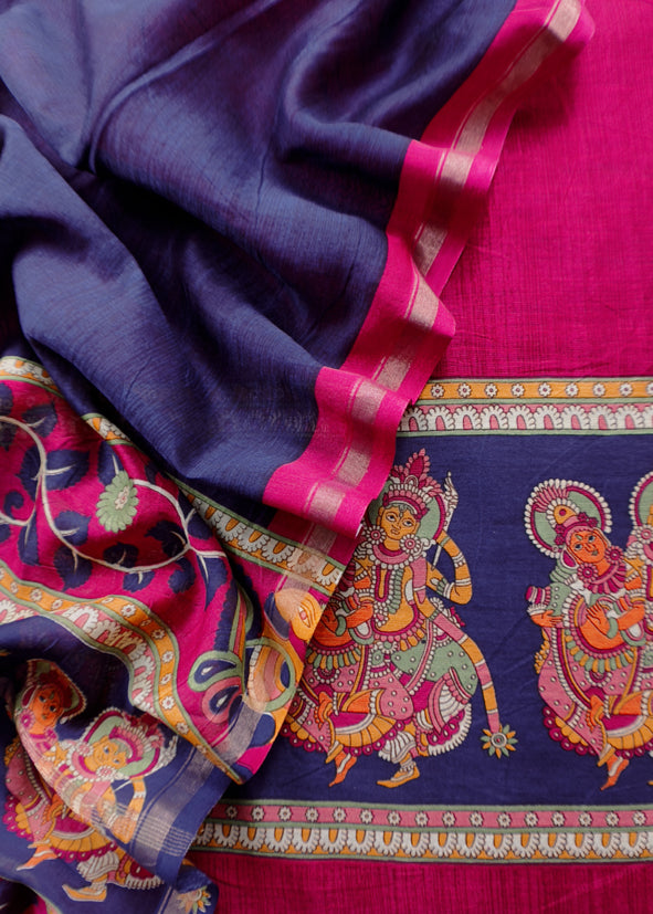Burgundy Wine Pure Maheshwari Silk Natraj Kalamkari Unstitched Suit Fabric