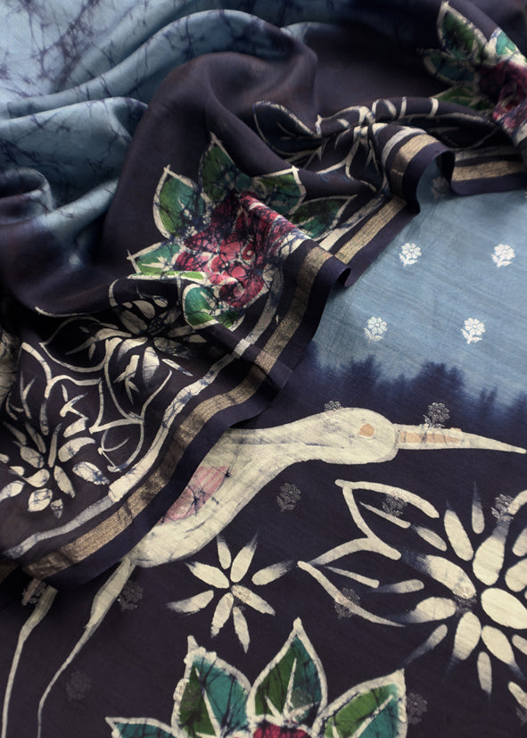 Blue Handpainted Hans and flowers Maheshwari Silk Suit With Banarasi Bootis