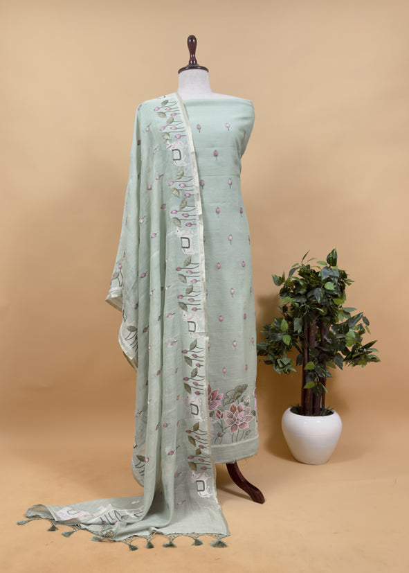 Sage Green Pure Mul Pichwai Unstitched Suit With Pichwai Embroidery