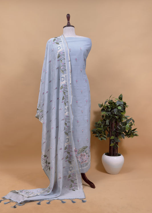 Light Blue Grey Pure Mul Pichwai Unstitched Suit With Pichwai Embroidery