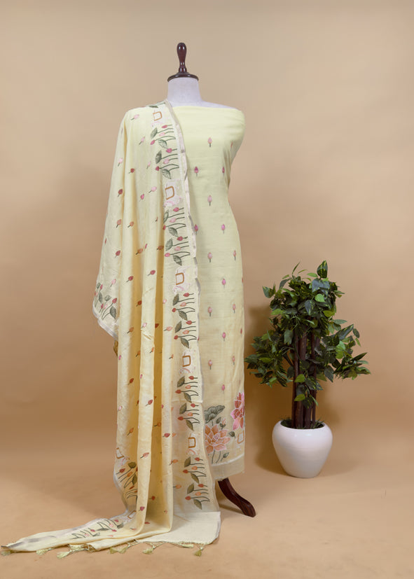 Sage Green Pure Mul Pichwai Unstitched Suit With Pichwai Embroidery