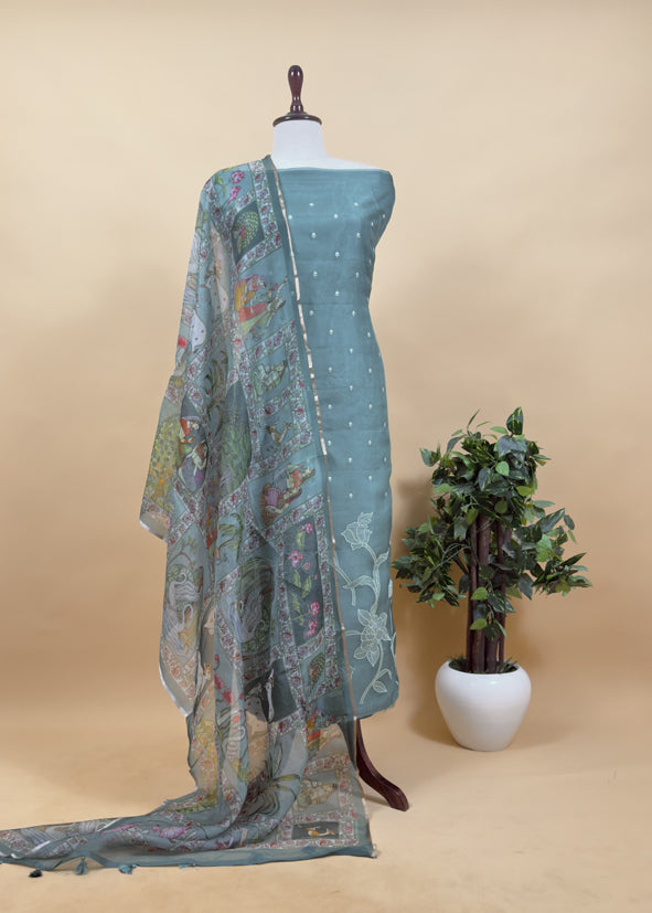 Royal Blue Pure Organza Suit with Rose Tissue Appliqué Work and Pichwai dupatta
