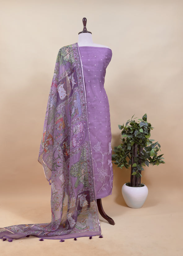 Royal Blue Pure Organza Suit with Rose Tissue Appliqué Work and Pichwai dupatta