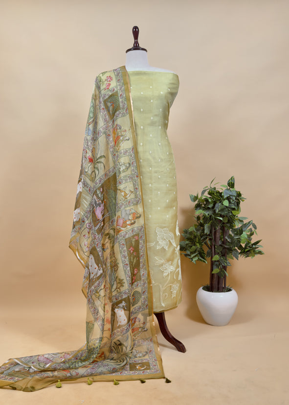 Royal Blue Pure Organza Suit with Rose Tissue Appliqué Work and Pichwai dupatta