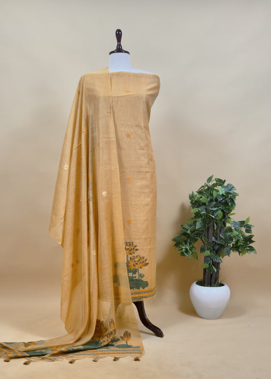 Corn Yellow Lotus Pichwai Jamdani Weaving Linen Chanderi Unstitched Suit