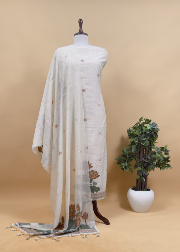 Corn Yellow Lotus Pichwai Jamdani Weaving Linen Chanderi Unstitched Suit