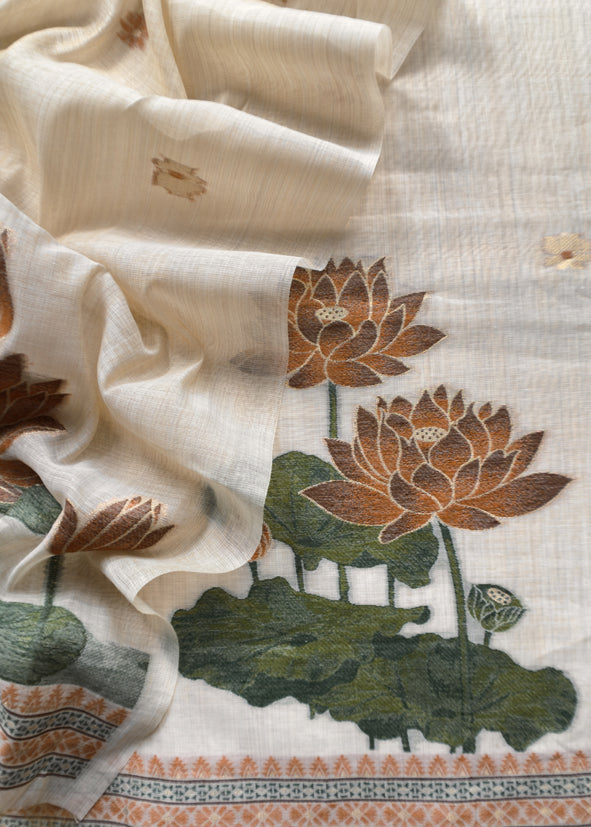 Ivory Lotus Pichwai Jamdani Weaving Linen Chanderi Unstitched Suit