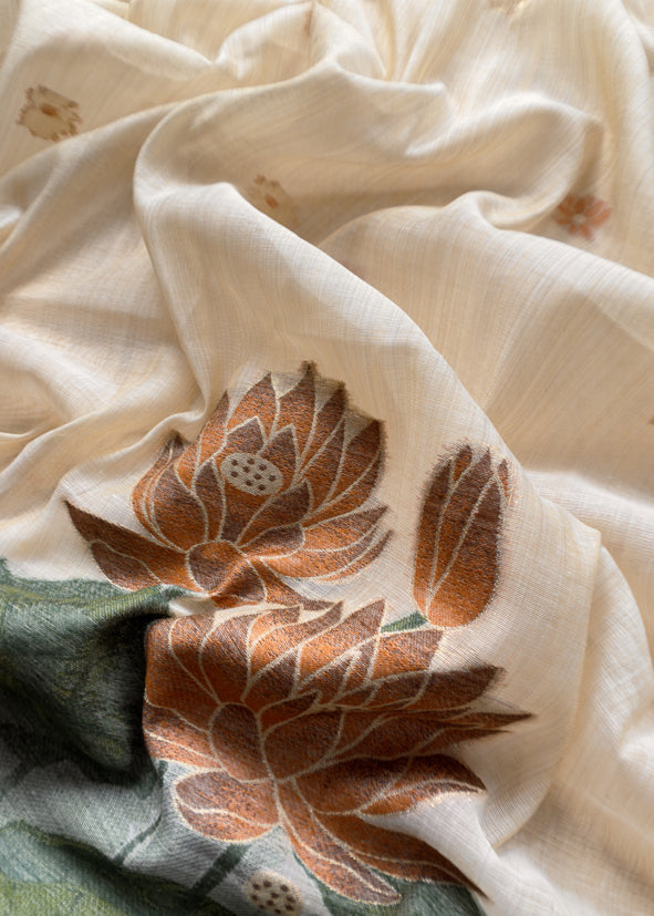 Ivory Lotus Pichwai Jamdani Weaving Linen Chanderi Unstitched Suit