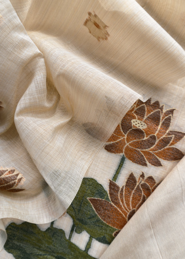 Ivory Lotus Pichwai Jamdani Weaving Linen Chanderi Unstitched Suit
