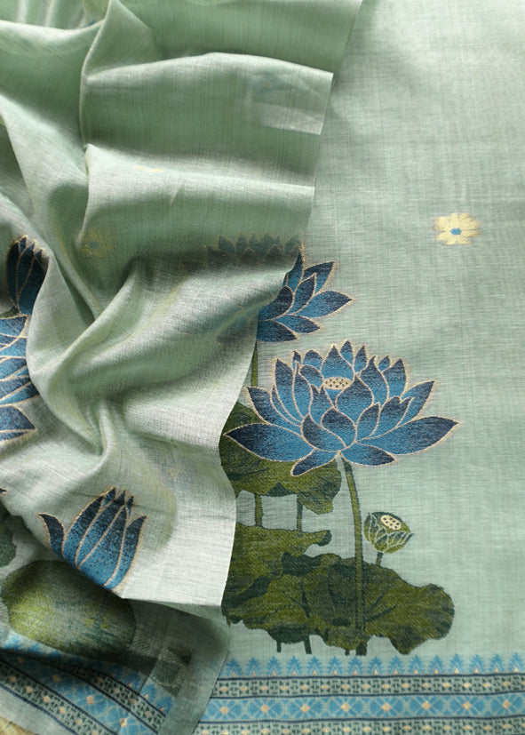 Sky Blue Lotus Pichwai Jamdani Weaving Linen Chanderi Unstitched Suit
