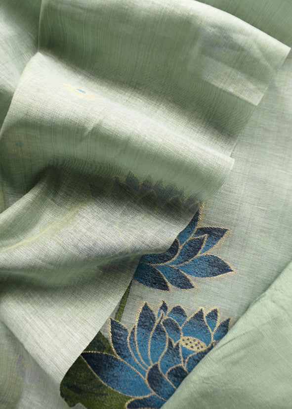 Sky Blue Lotus Pichwai Jamdani Weaving Linen Chanderi Unstitched Suit
