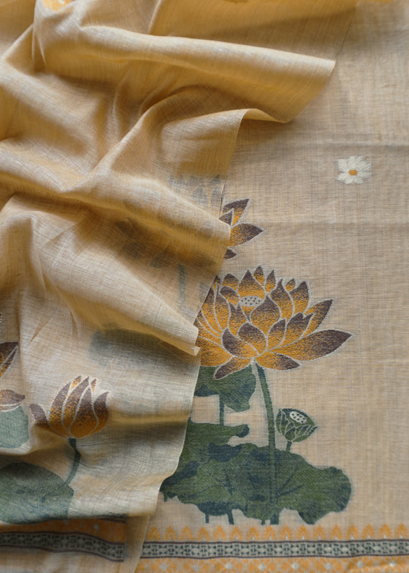Corn Yellow Lotus Pichwai Jamdani Weaving Linen Chanderi Unstitched Suit