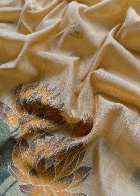 Corn Yellow Lotus Pichwai Jamdani Weaving Linen Chanderi Unstitched Suit