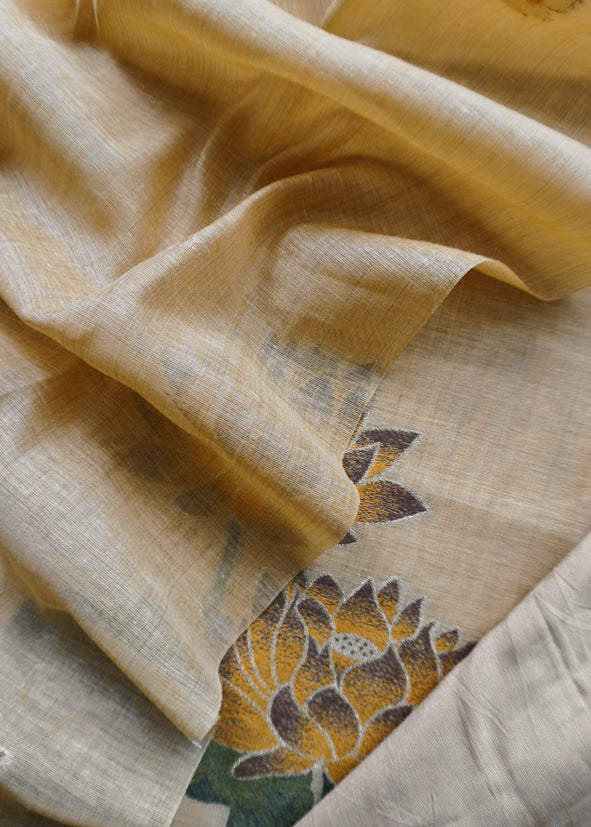 Corn Yellow Lotus Pichwai Jamdani Weaving Linen Chanderi Unstitched Suit
