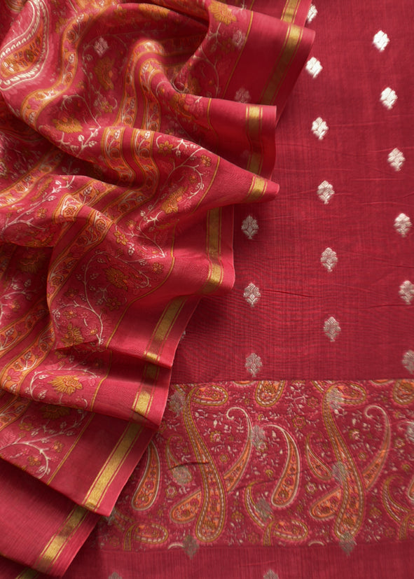 Red Maheshwari Silk Suit With Banarasi Bootis