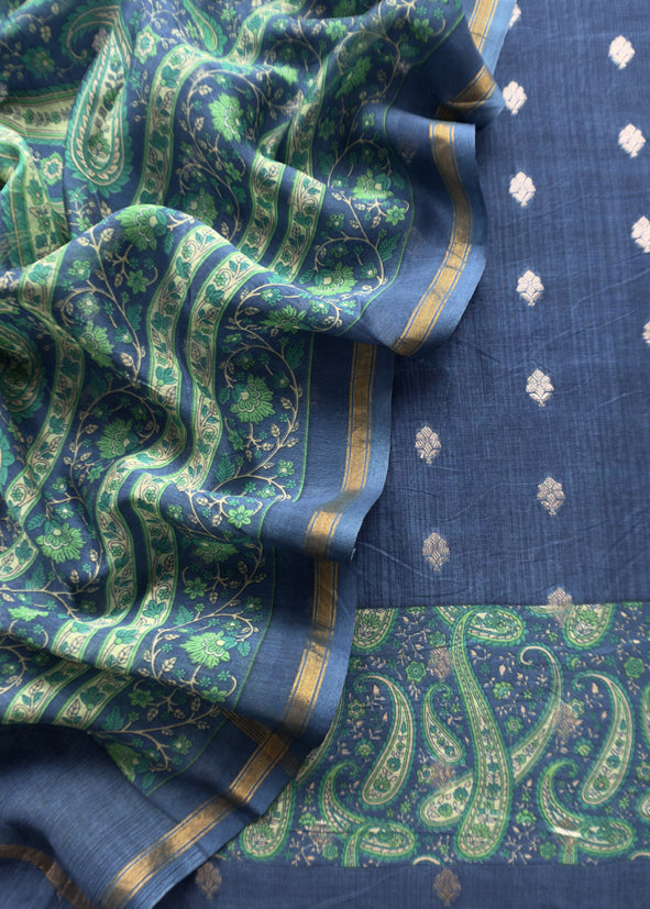 Blue And Green Maheshwari Silk Suit With Banarasi Bootis
