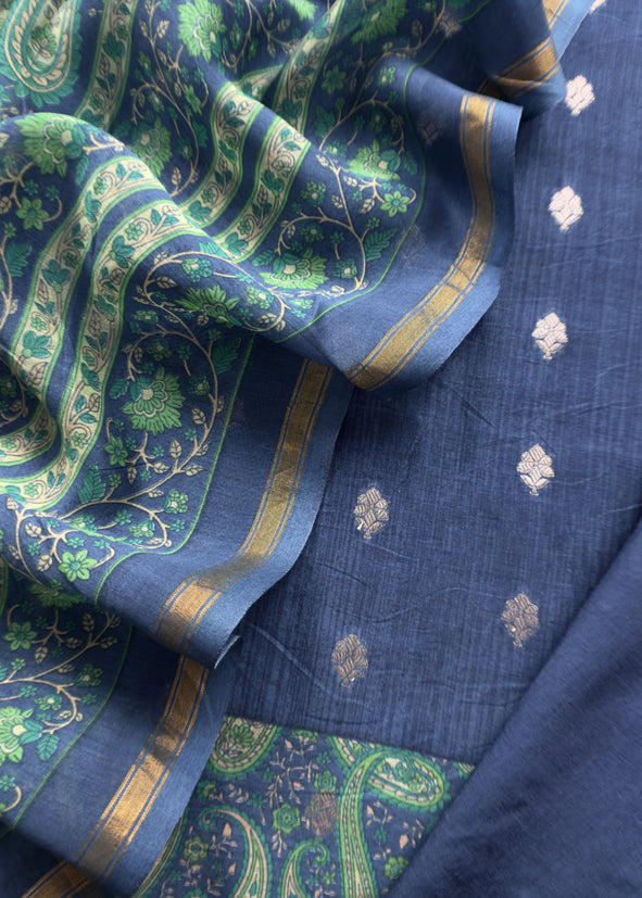 Blue And Green Maheshwari Silk Suit With Banarasi Bootis
